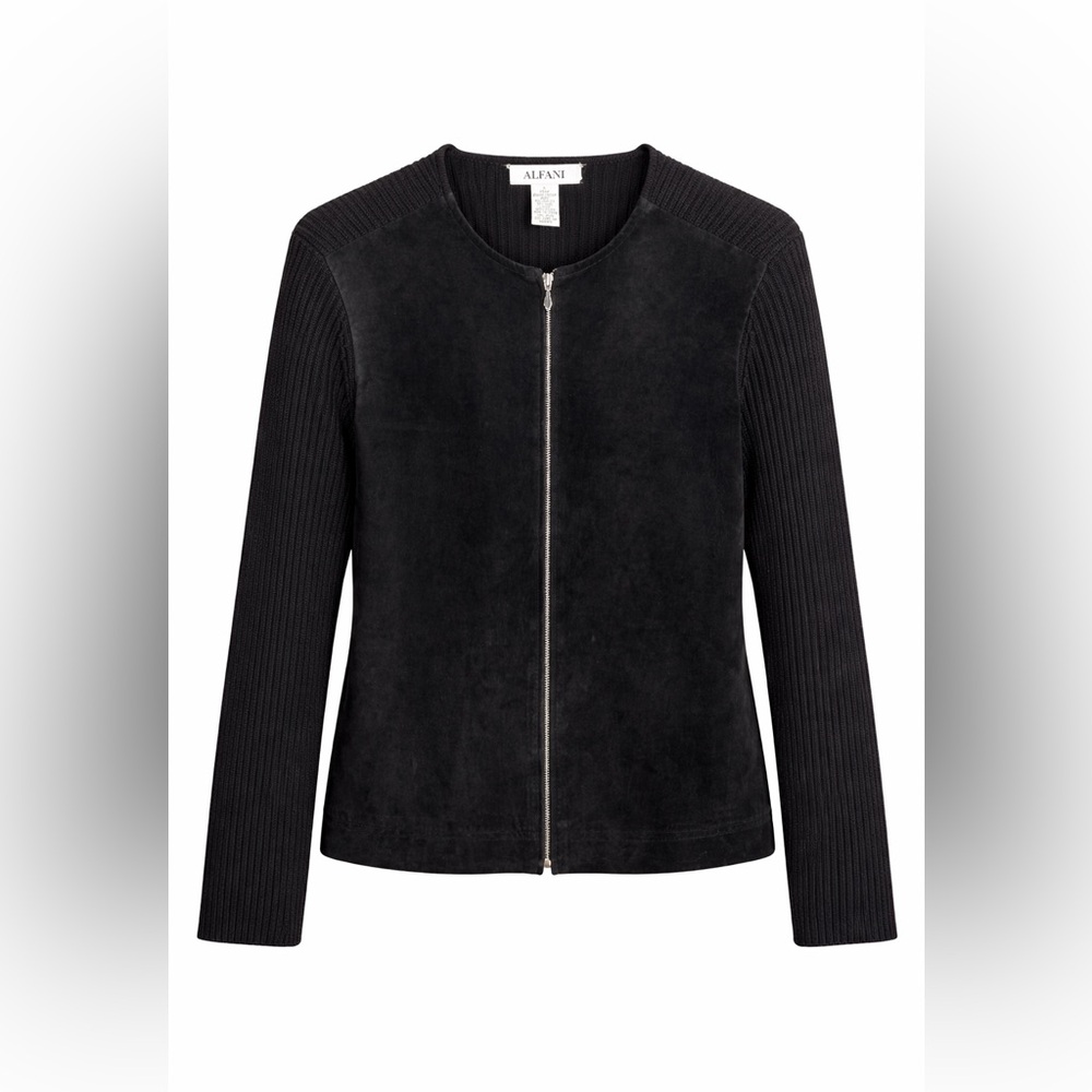 Alfani Real Suede Front Mixed Media Cardigan Black Wool Knit Size L